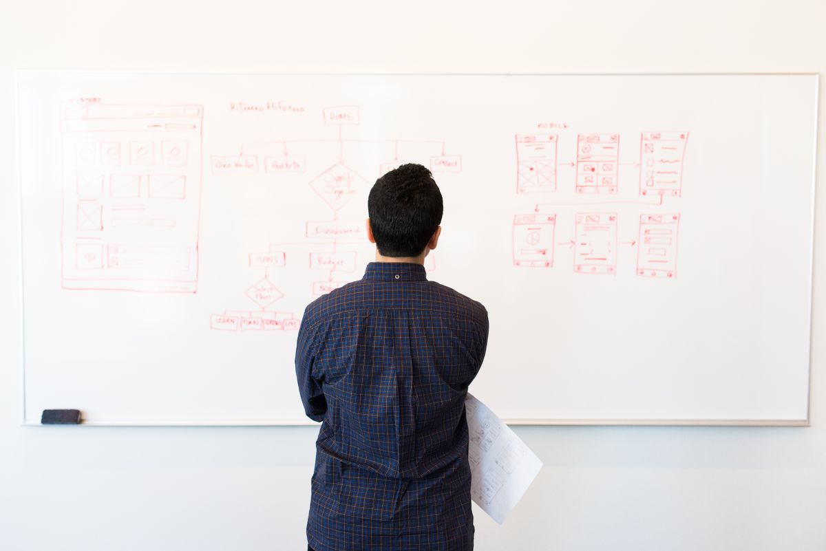 Professionnel analysant un projet sur un tableau blanc